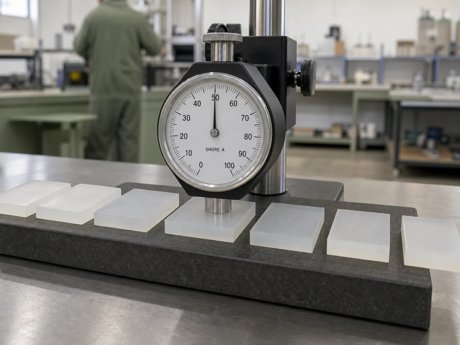Durometer gauge reading Shore A 50 pressed onto a row of graduated translucent platinum-cured silicone coupons on a QC bench, demonstrating that silicone hardness is set by formulation and cure, not by any plasticizer additive