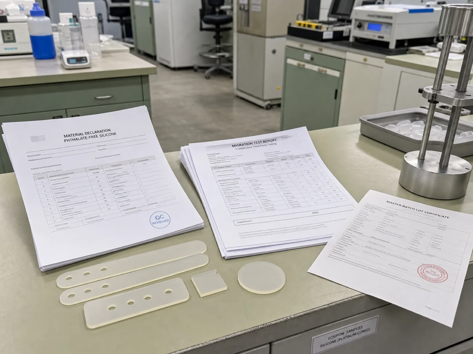 Phthalate-free silicone material declaration and third-party migration test report on a Wetop QC lab bench beside translucent platinum-cured silicone coupons and the master-batch lot certificate
