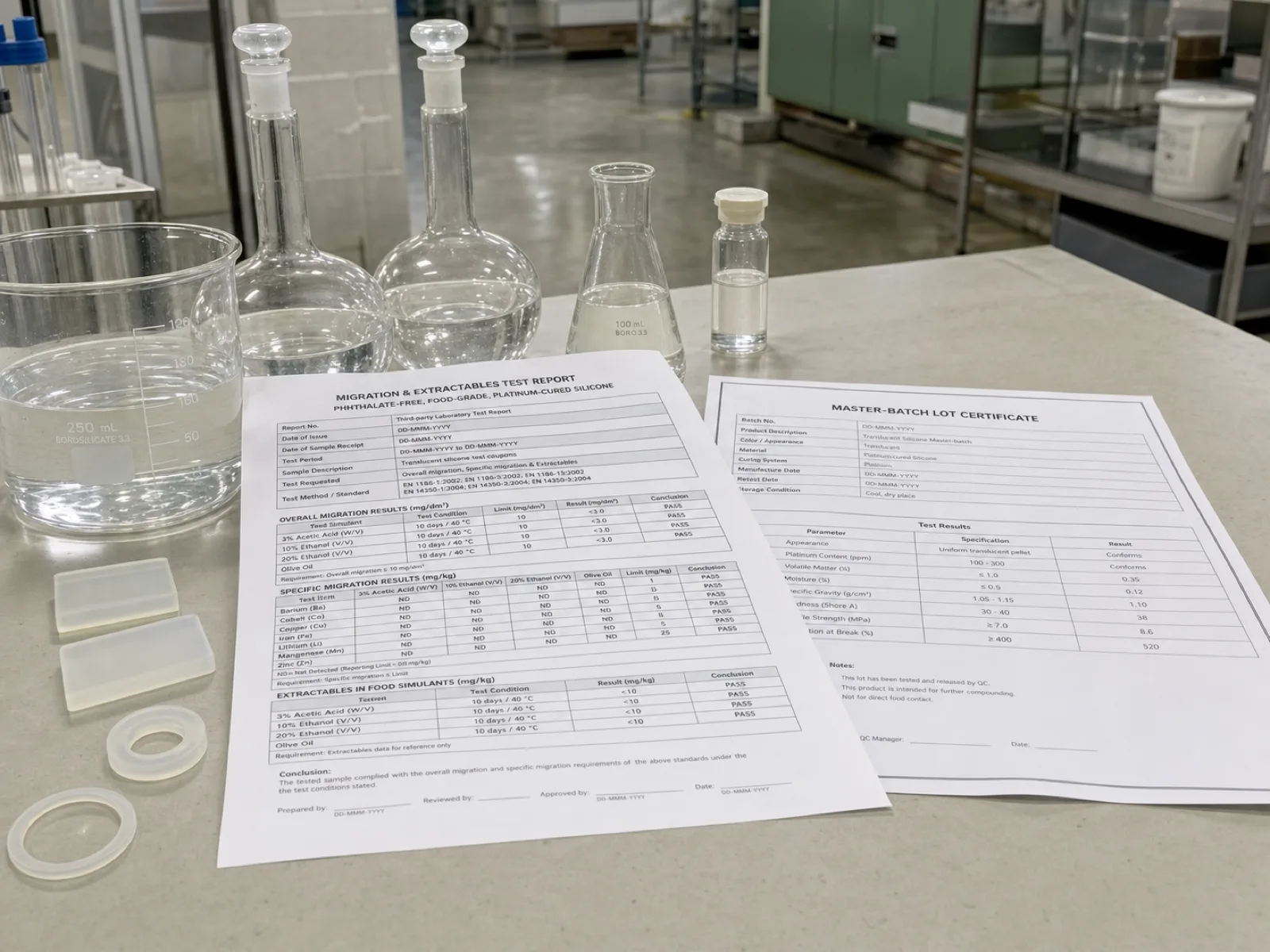 Third-party migration and extractables test report for phthalate-free food-grade silicone laid on a QC lab bench beside food-simulant extraction glassware and the referenced master-batch lot certificate