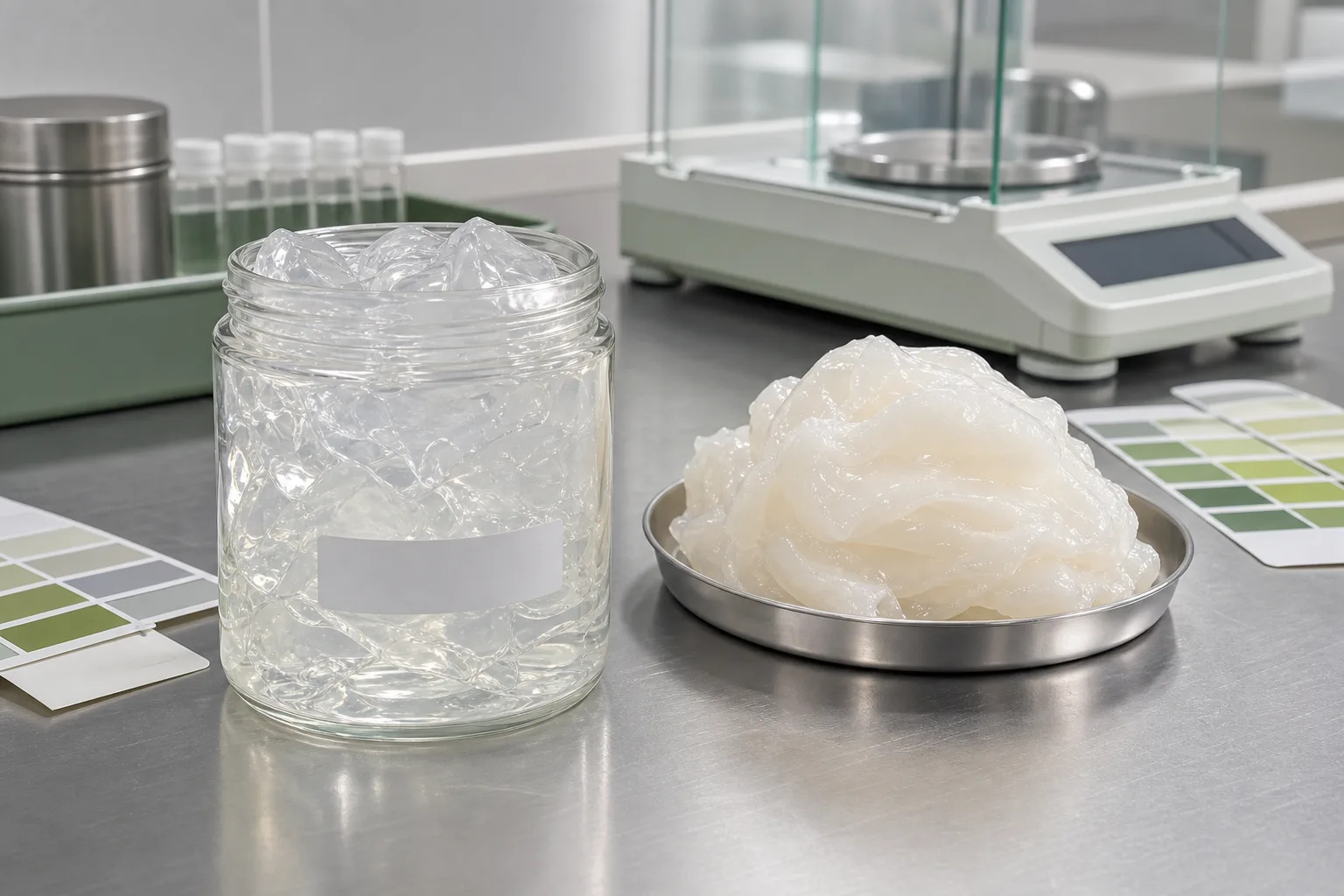 Platinum-cured and peroxide-cured silicone gum samples side-by-side on a stainless steel lab bench