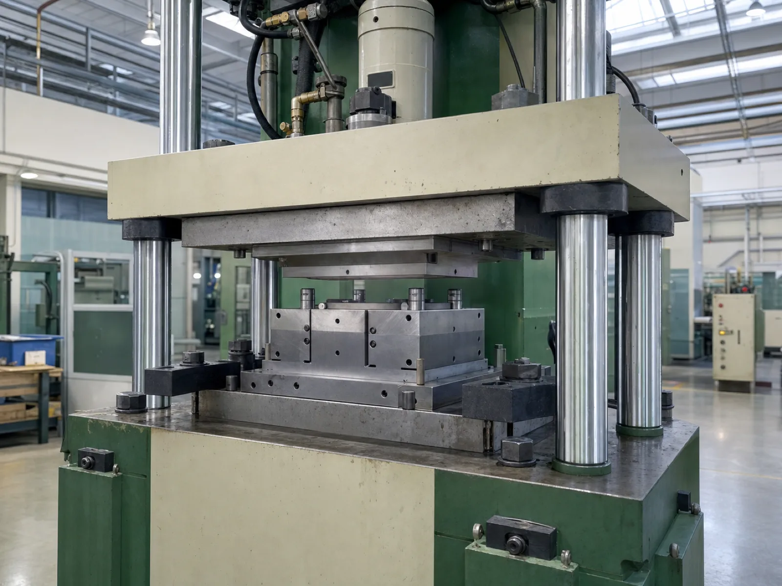 Wetop Silicone compression molding press mid-cycle — hydraulic clamp holding a P20 hardened steel mold during the cure step for a Tier 2 retail silicone accessory program