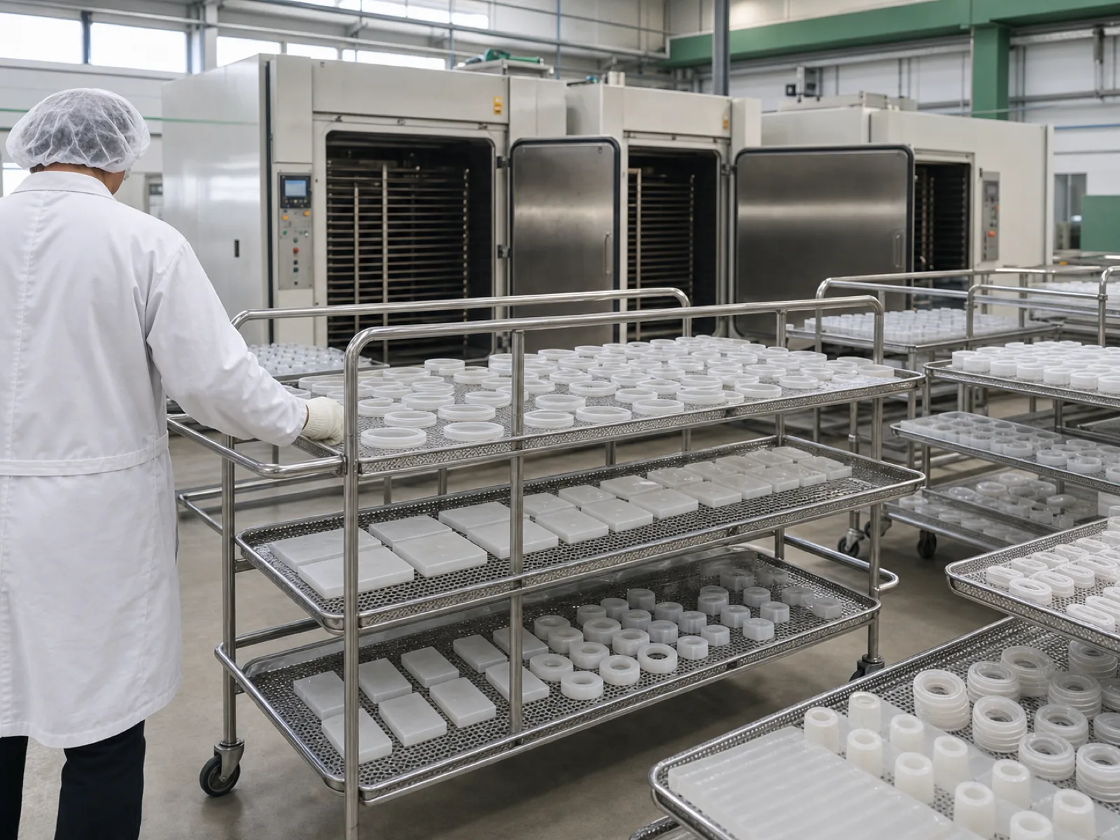 Wetop Silicone post-cure oven and secondary-process workshop — batches of molded silicone product on inspection racks after the mandatory 4-6 hour cycle at 180-200°C