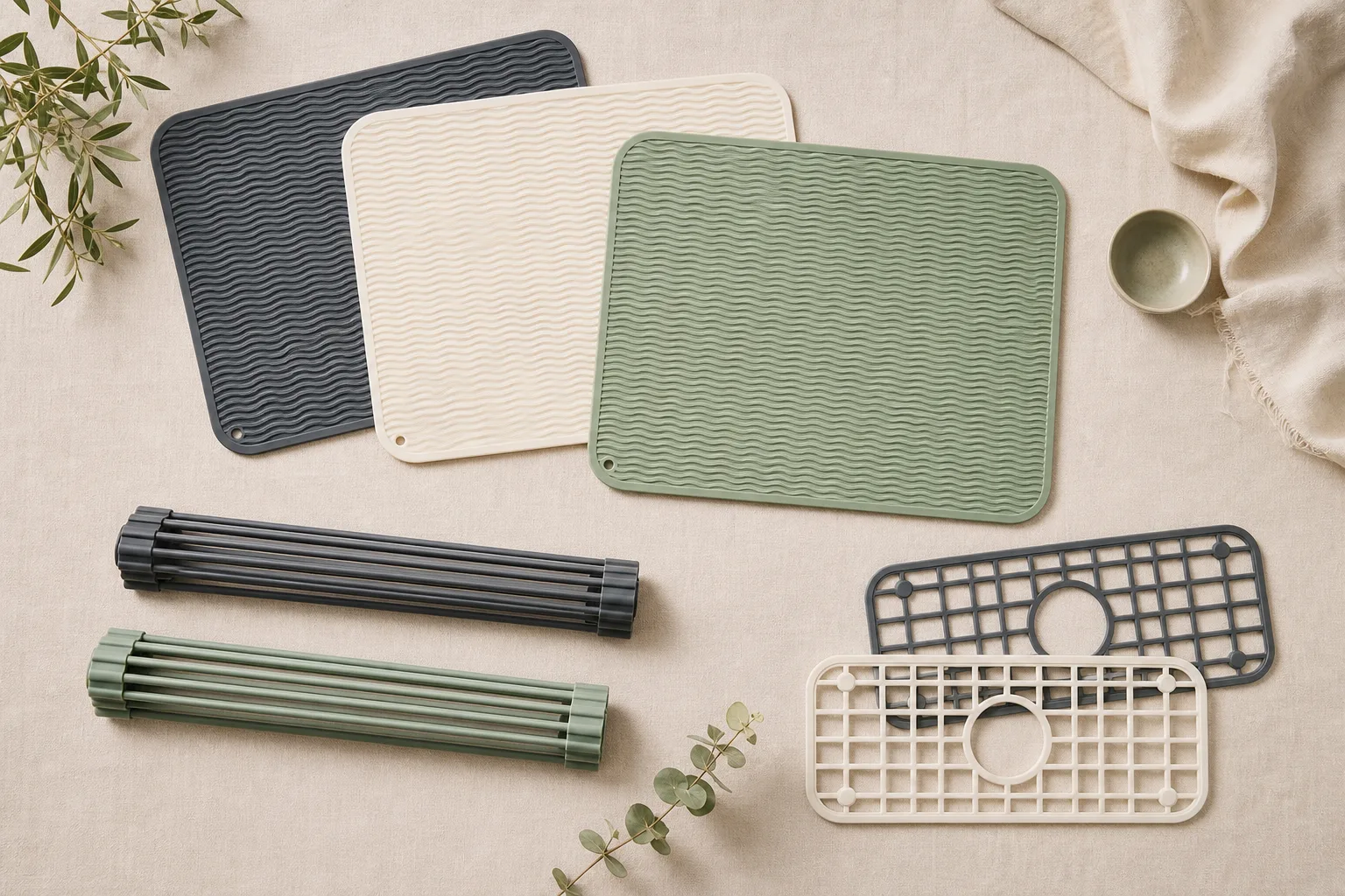 Editorial flat-lay of private-label silicone kitchen products in coordinated colors on a neutral linen background