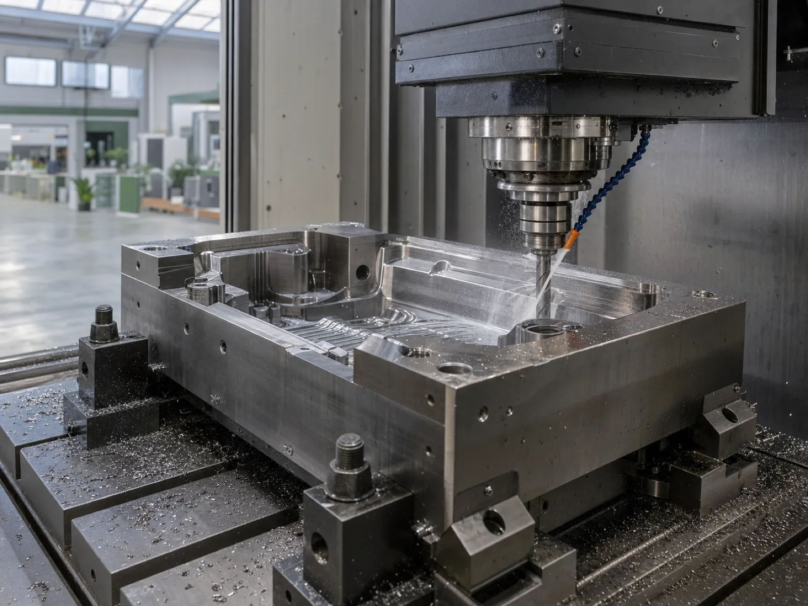 Wetop Silicone in-house mold workshop with a 5-axis CNC cutting a P20 hardened steel cavity — the tooling stage that anchors the private-label program timeline