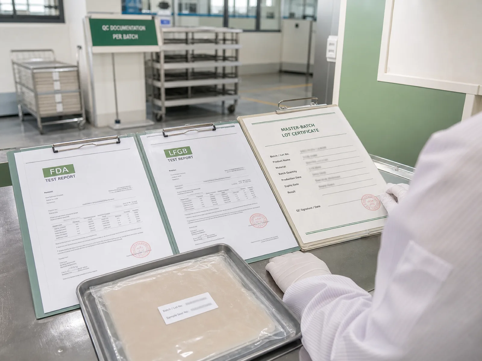 Wetop Silicone QC workshop with the per-batch compliance packet — FDA and LFGB test reports alongside the master-batch lot certificate that ties the paperwork to the specific production batch