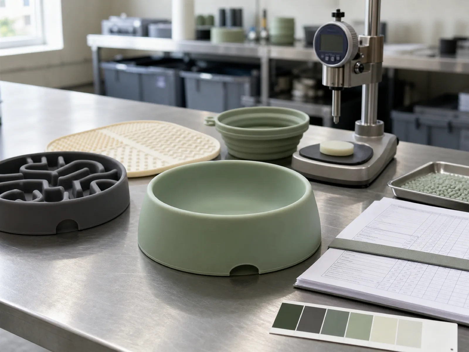 Private-label silicone pet-product samples on the QC bench — bowls, slow feeder, lick mat, and collapsible travel bowl — alongside durometer, master-batch cert, and per-batch compliance packet