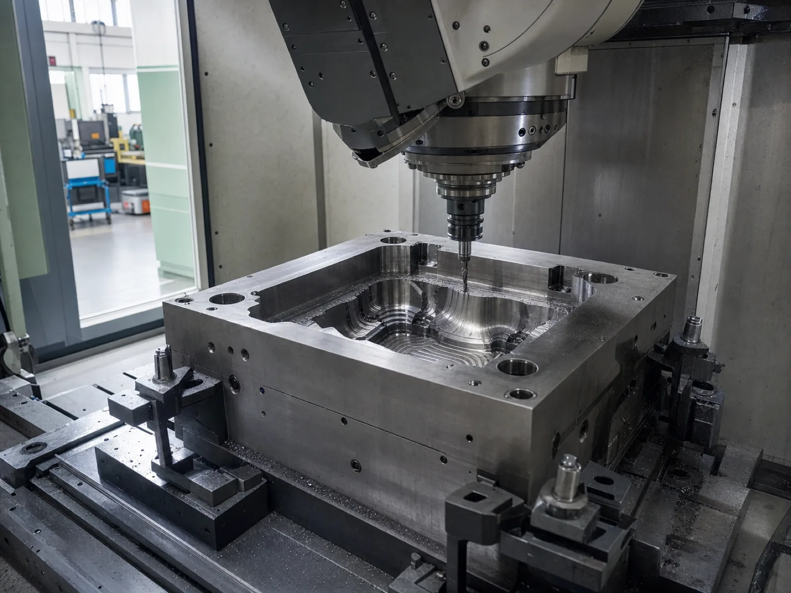 Wetop Silicone in-house mold workshop with a 5-axis CNC cutting a P20 hardened steel cavity — the tooling investment that anchors the MOQ 500 economics
