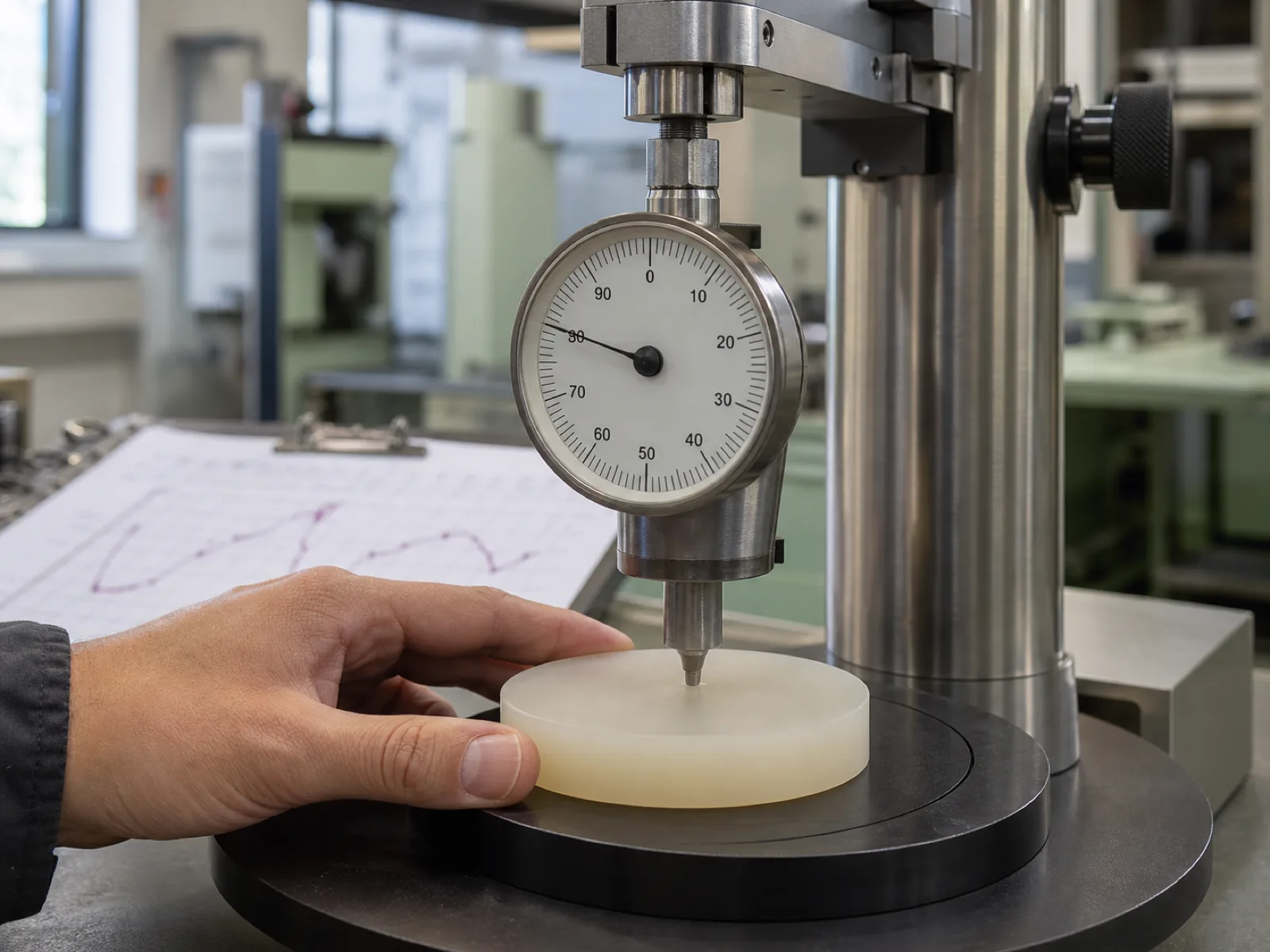 ASTM D2240 durometer test bench at Wetop Dongguan — a Type A Shore hardness gauge pressed into a 6 mm platinum-cured silicone puck with a mechanical stand ensuring perpendicular indenter contact for the silicone hardness chart calibration protocol.