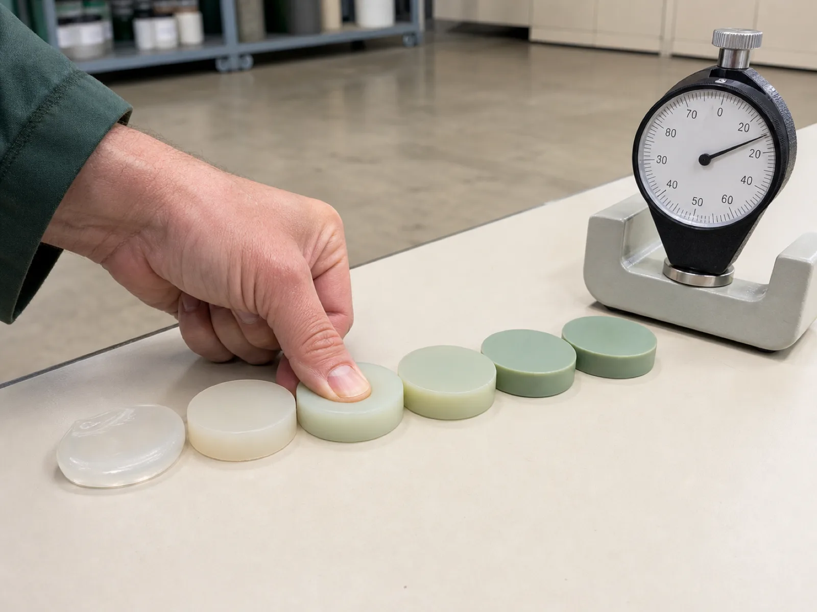 Graduated silicone hardness samples arranged left-to-right from 30 to 80 Shore A on Wetop's Dongguan QC bench — six matte platinum-cured silicone pucks marked with durometer values next to a Shore A gauge for the shore hardness silicone chart reference.