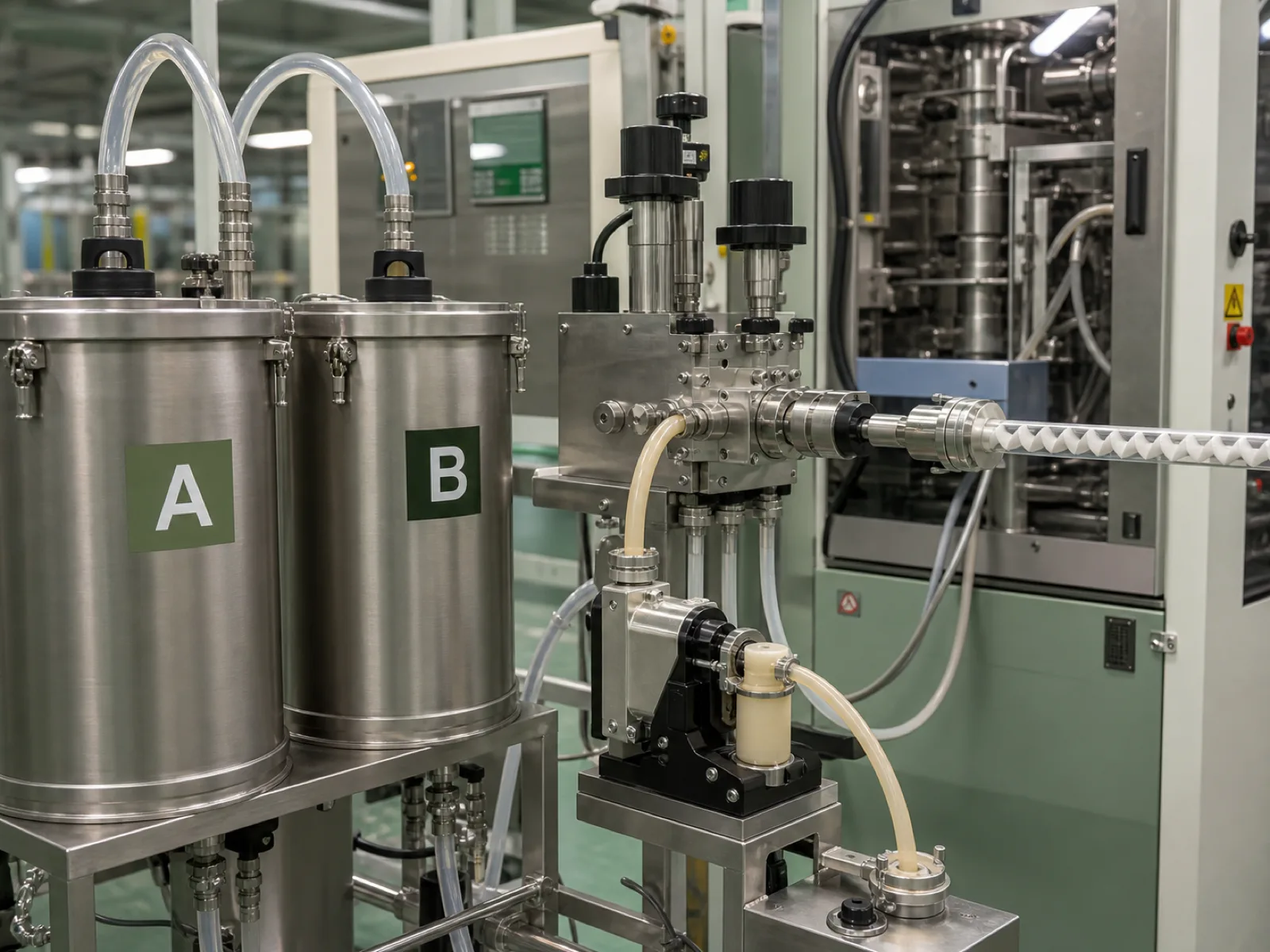 Wacker Elastosil platinum-cured LSR two-component compound loading into the injection cell hopper for a silicone baby bib run — pre-dispersed liquid pigment master-batch metered inline to prevent color migration.