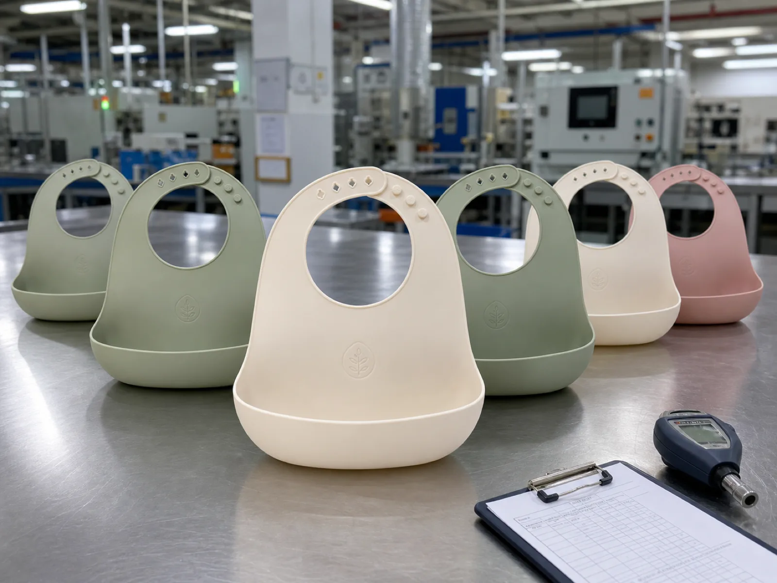 Platinum-cured silicone baby bibs on a Dongguan factory inspection bench — Shore A 50 catch-pocket geometry, food-safe cream and sage colorway, ready for LFGB migration and CPSIA lead-and-phthalate sampling.