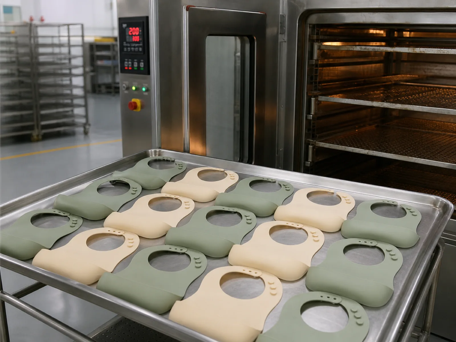 Silicone baby bibs on a stainless-steel tray inside the Wetop post-cure oven at 200 °C for four hours — the step that drives residual siloxane below LFGB migration limits and eliminates the out-of-box chemical smell.