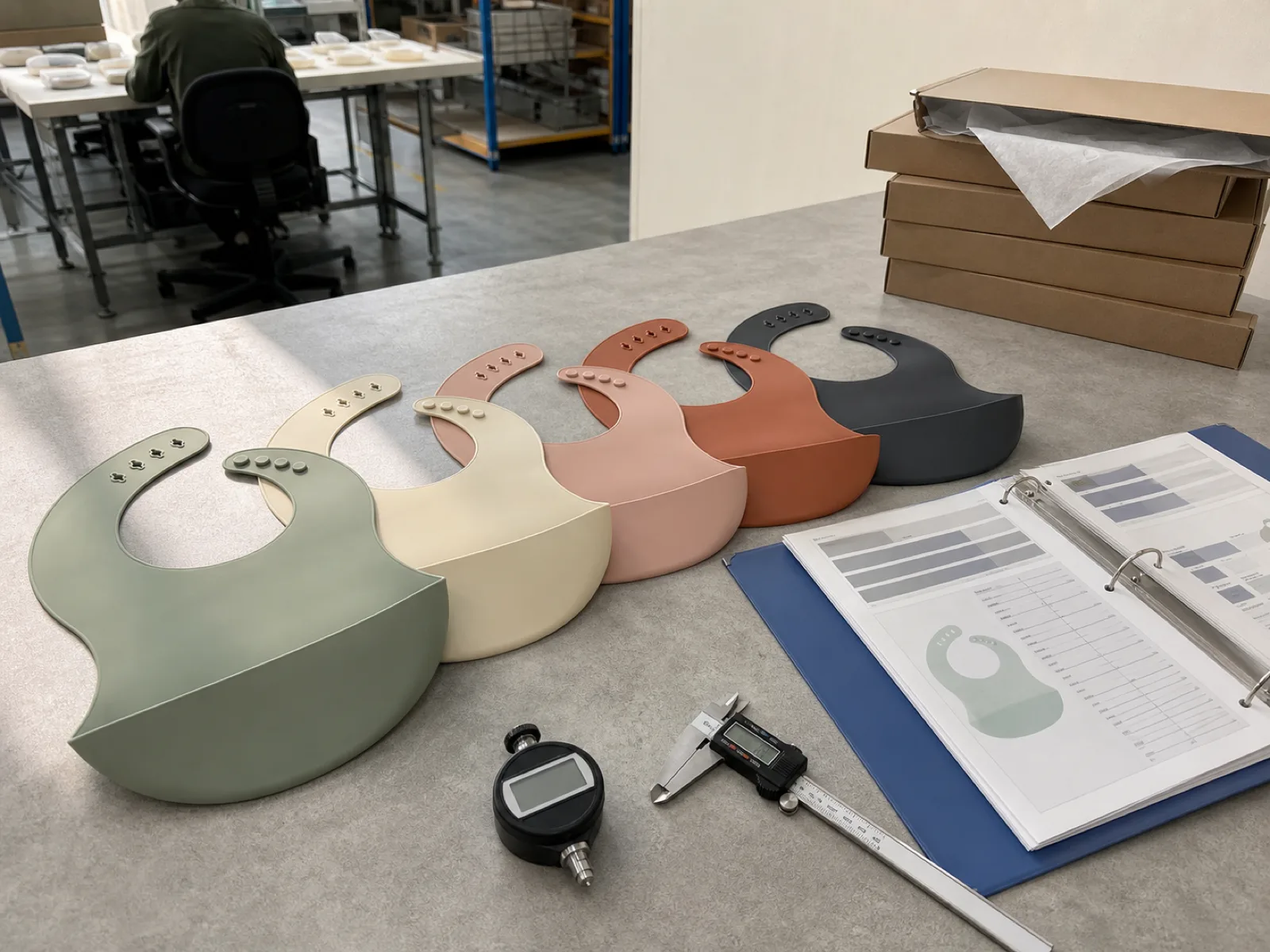 Wholesale silicone baby bibs on a QC bench beside a durometer, digital calipers, and a compliance dossier under D65 workshop lighting at a silicone bib manufacturer