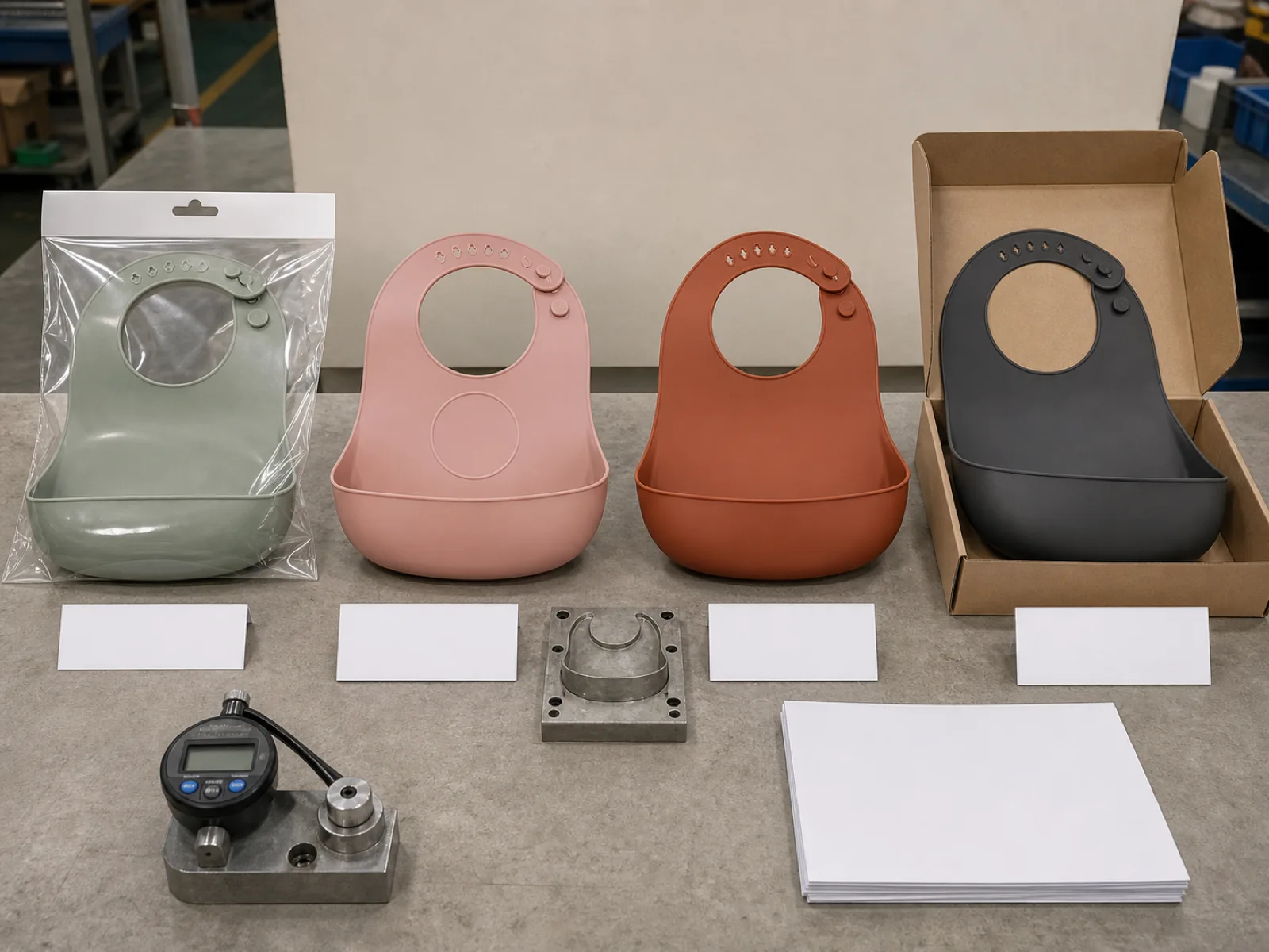 Wholesale silicone baby bib samples in five colorways on a QC bench beside a Shore A durometer and a compliance dossier at a silicone bib manufacturer