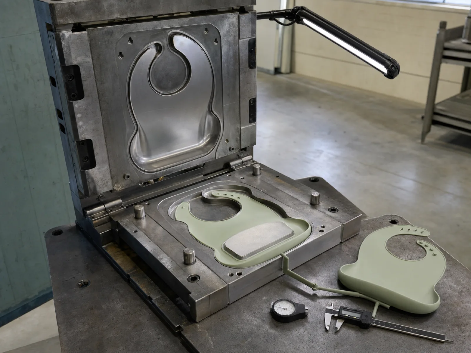 Compression mold cavity for a custom silicone baby bib on a factory tooling rack beside a durometer and inspection light at a silicone bib manufacturer