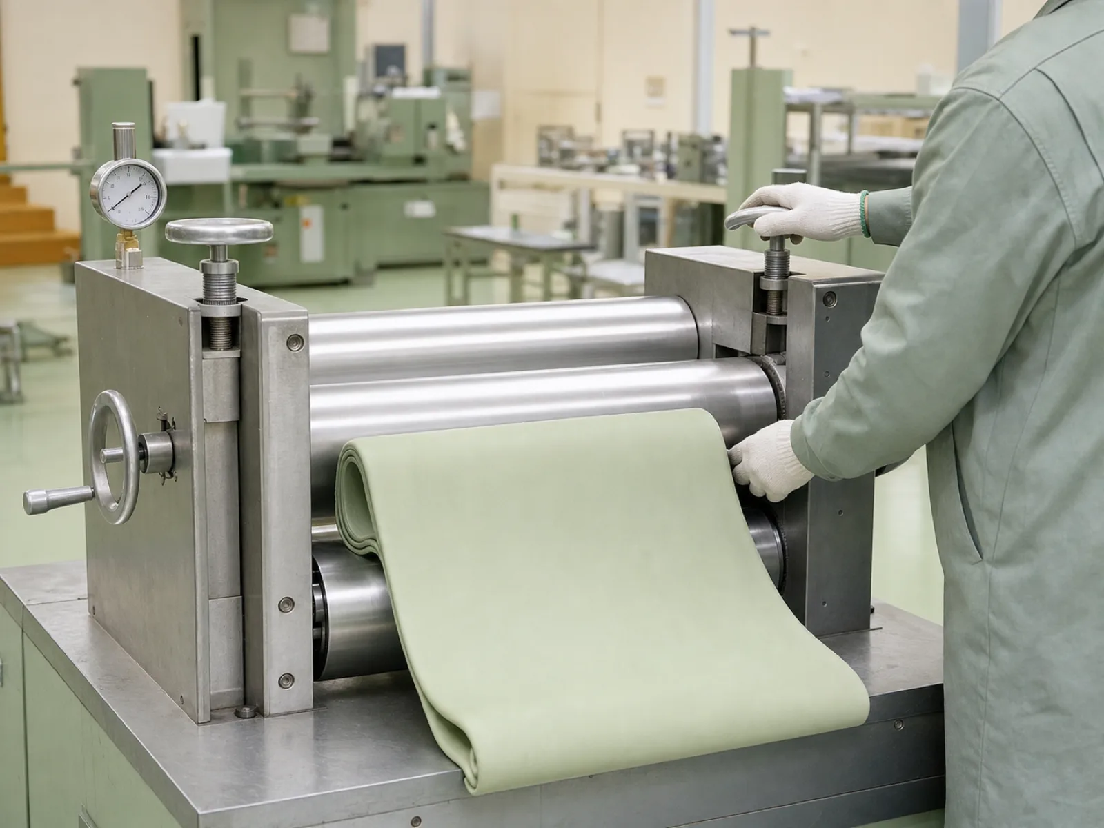 Two-roll mill on the Wetop compounding line dispersing fumed silica reinforcement into platinum-catalyzed silicone gum for bakeware production — technician monitors nip clearance and roll temperature to ensure uniform pigment master-batch distribution across a 25 kg batch.