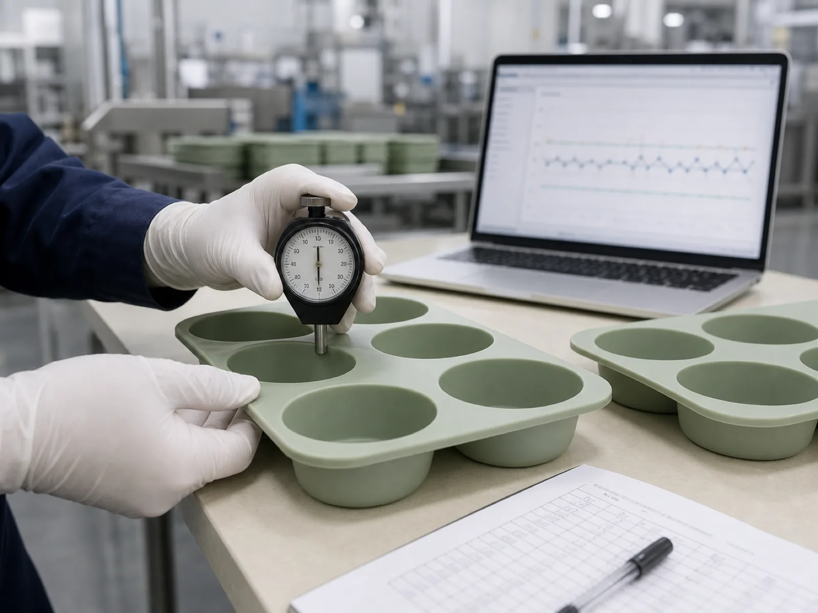 ASTM D2240 durometer testing on Wetop silicone bakeware quality control station — technician measures Shore A hardness at three points on a freshly demolded 12-cup muffin pan, with control-chart log open on adjacent laptop for lot traceability under D65 lighting.