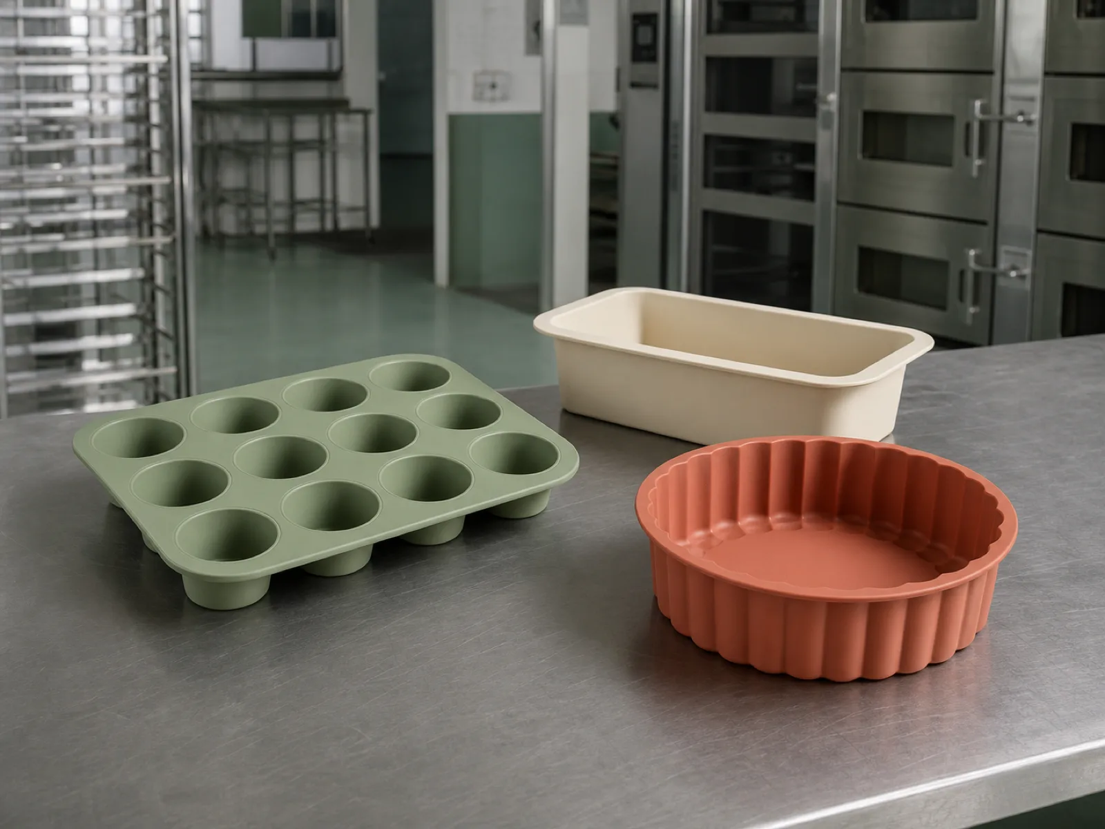 Row of platinum-cured silicone bakeware molds — muffin pan, loaf tin, and round cake pan — arranged on a stainless workbench at a Dongguan factory under D65 workshop lighting, showing matte food-grade surfaces and clean parting lines.