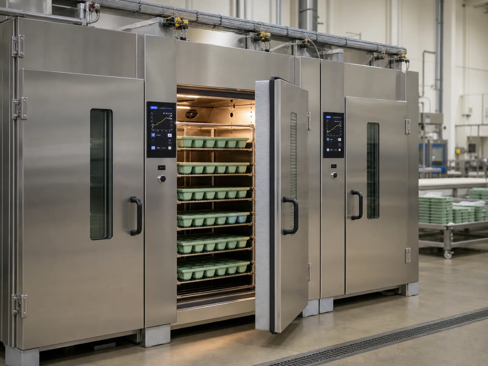 Wetop post-cure oven bank running the mandatory 4-hour 200 °C protocol on a batch of platinum-cured silicone muffin pans — forced-convection chambers with thermocouple logging, control panel displaying the three-point temperature trace required for LFGB migration compliance.
