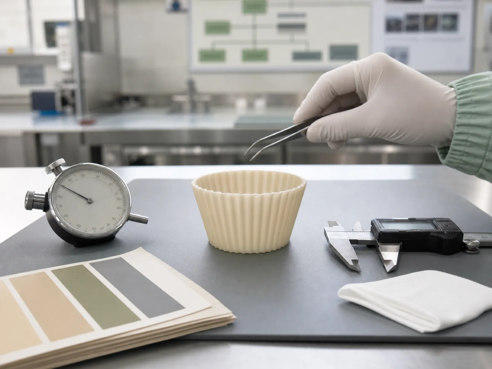 Silicone baking cup on a QC bench next to a durometer, calipers, and a color-standard swatch under D65 lighting