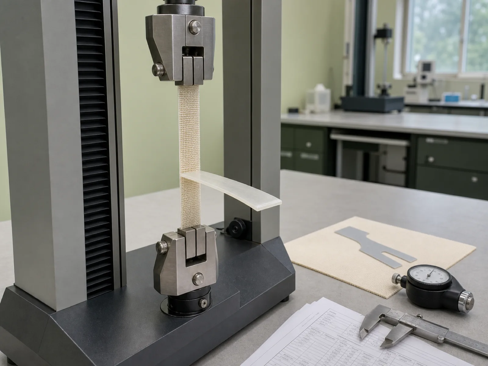 Wetop QC bench setup showing an ASTM D903 peel adhesion tensile tester with a fiberglass-reinforced silicone baking mat specimen mounted, alongside an ASTM D624 Die B tear test cutout and durometer