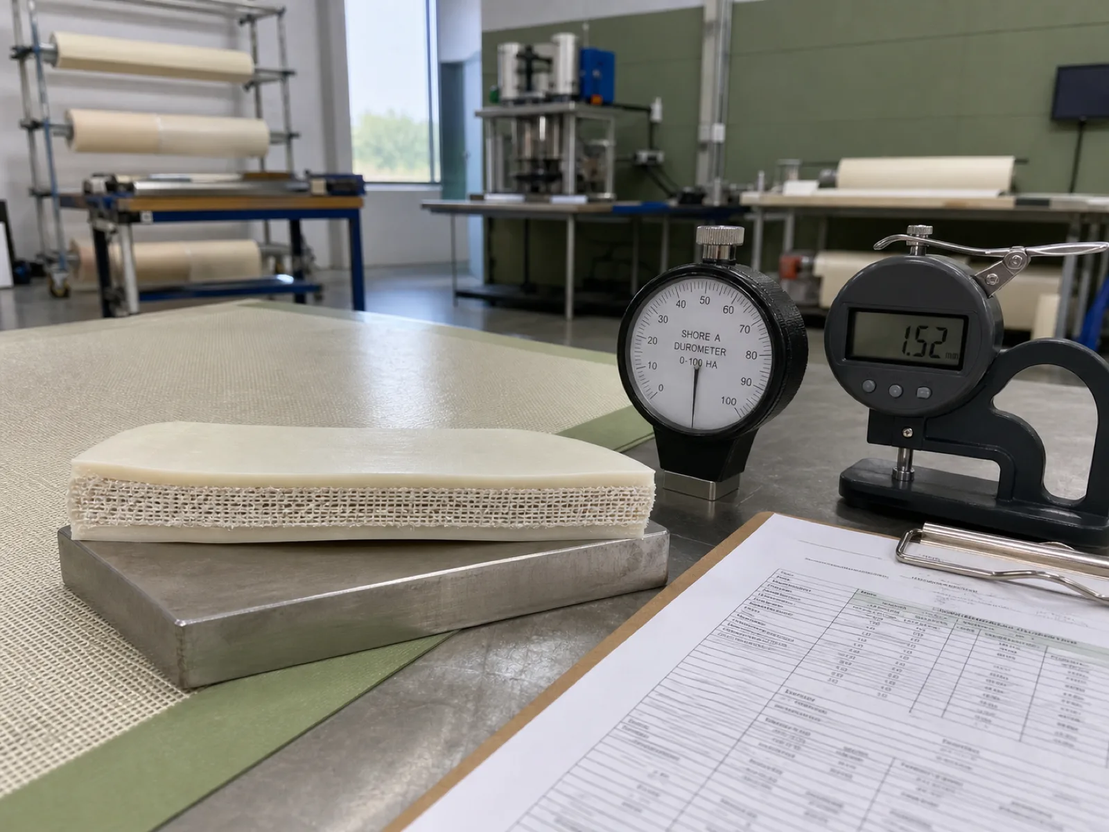Cross-section of a fiberglass-reinforced silicone baking mat on a Wetop QC bench with a Shore A durometer, digital thickness gauge, and mesh COA paperwork under D65 inspection light