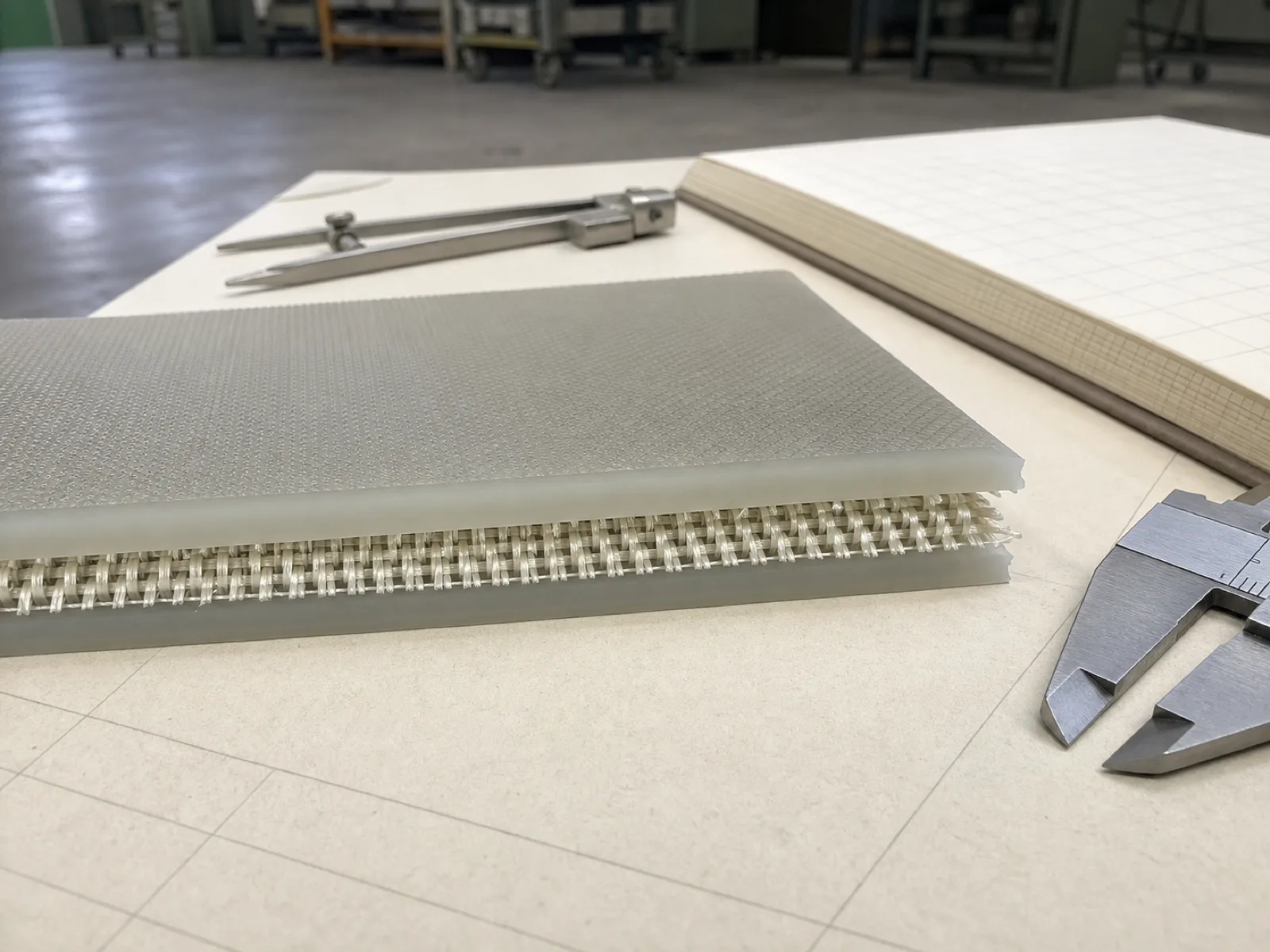 Cross-section diagram of the three-layer silicone-mesh-silicone sandwich with thickness callouts for a 0.65 mm retail-tier fiberglass-reinforced silicone baking mat