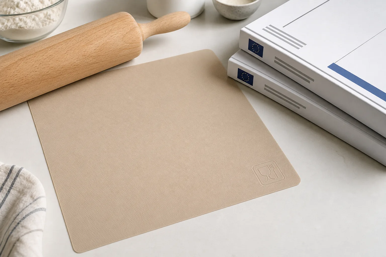 Fiberglass-reinforced silicone baking mat sheets on a Wetop QC bench with calipers and a Shore A durometer under D65 inspection light in Dongguan