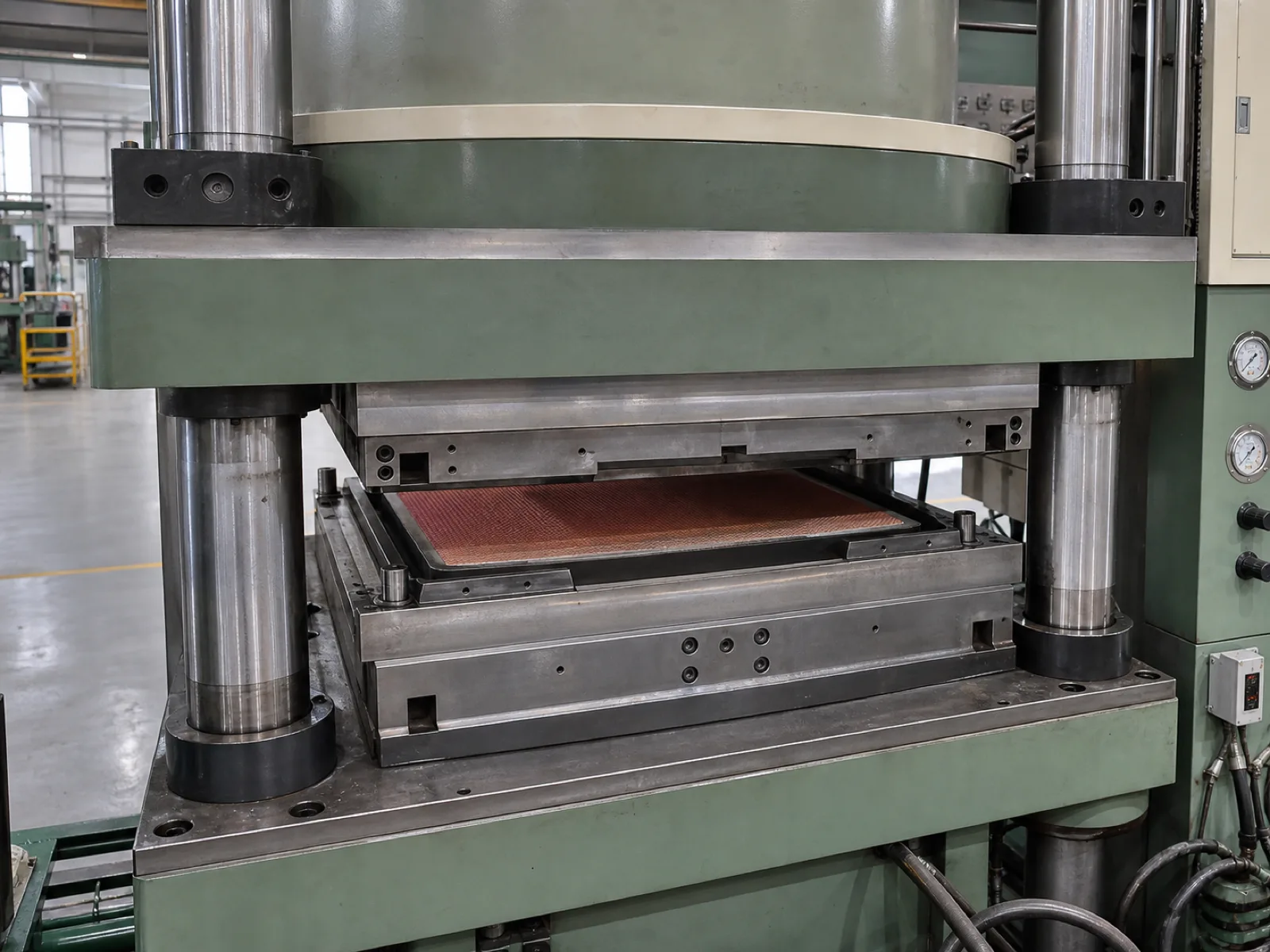 Wetop Silicone compression molding press mid-cycle with a P20 hardened steel mold curing a fiberglass-reinforced silicone baking mat at 180°C under hydraulic clamp in Dongguan