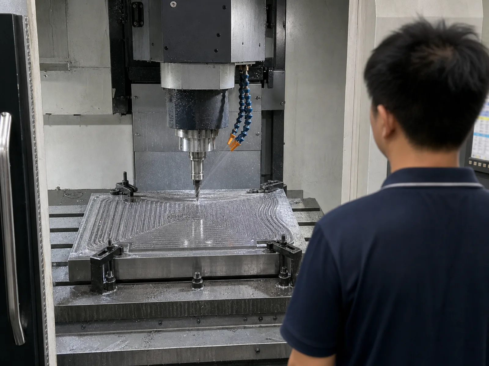 Wetop Silicone in-house mold-making CNC machining P20 steel tooling for a custom silicone baking mat program, floor operator monitoring the spindle in Dongguan