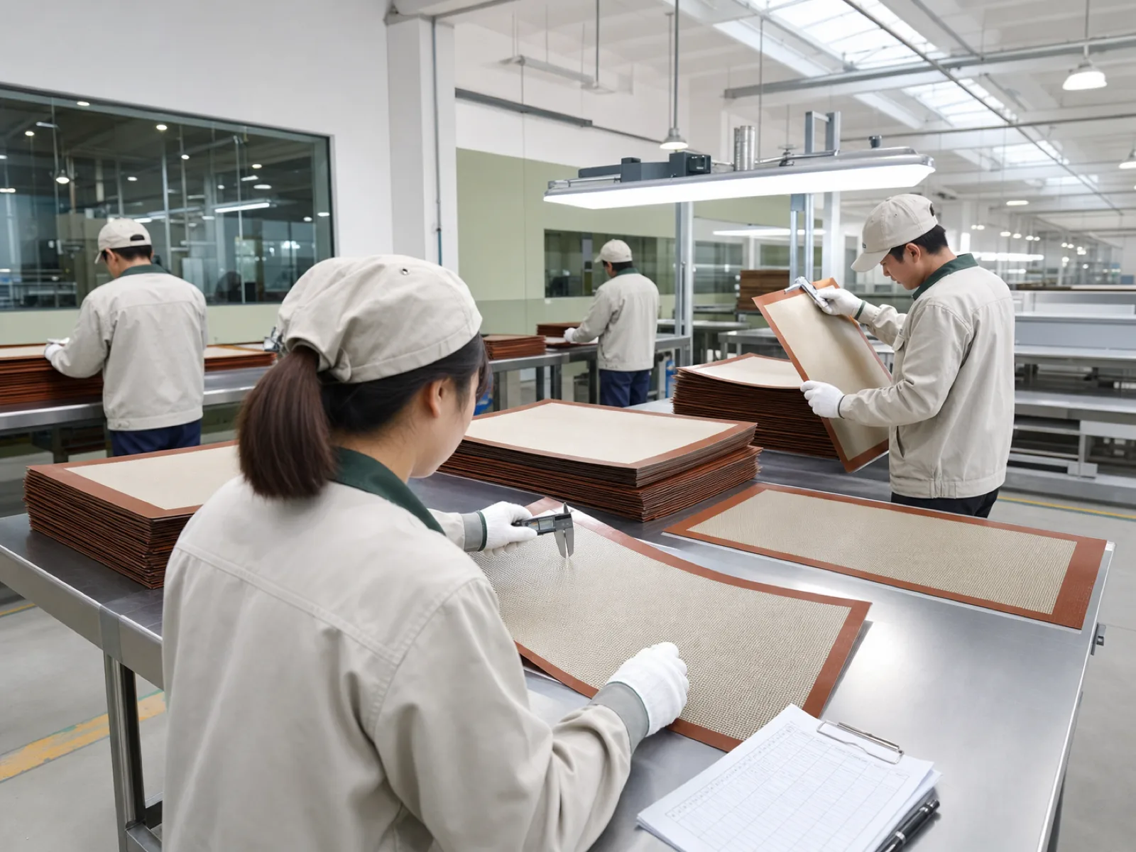 Wetop Silicone QC workshop with technicians running AQL 1.5 inspection on a batch of fiberglass-reinforced silicone baking mats under D65 daylight-simulation lighting in Dongguan
