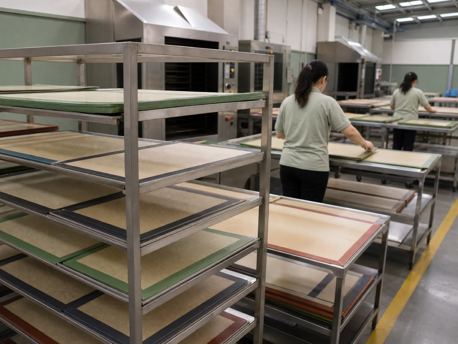 Wetop Silicone post-cure and secondary-process workshop with batches of silicone baking mats on inspection racks after the mandatory 4-6 hour cycle at 180-200°C in Dongguan