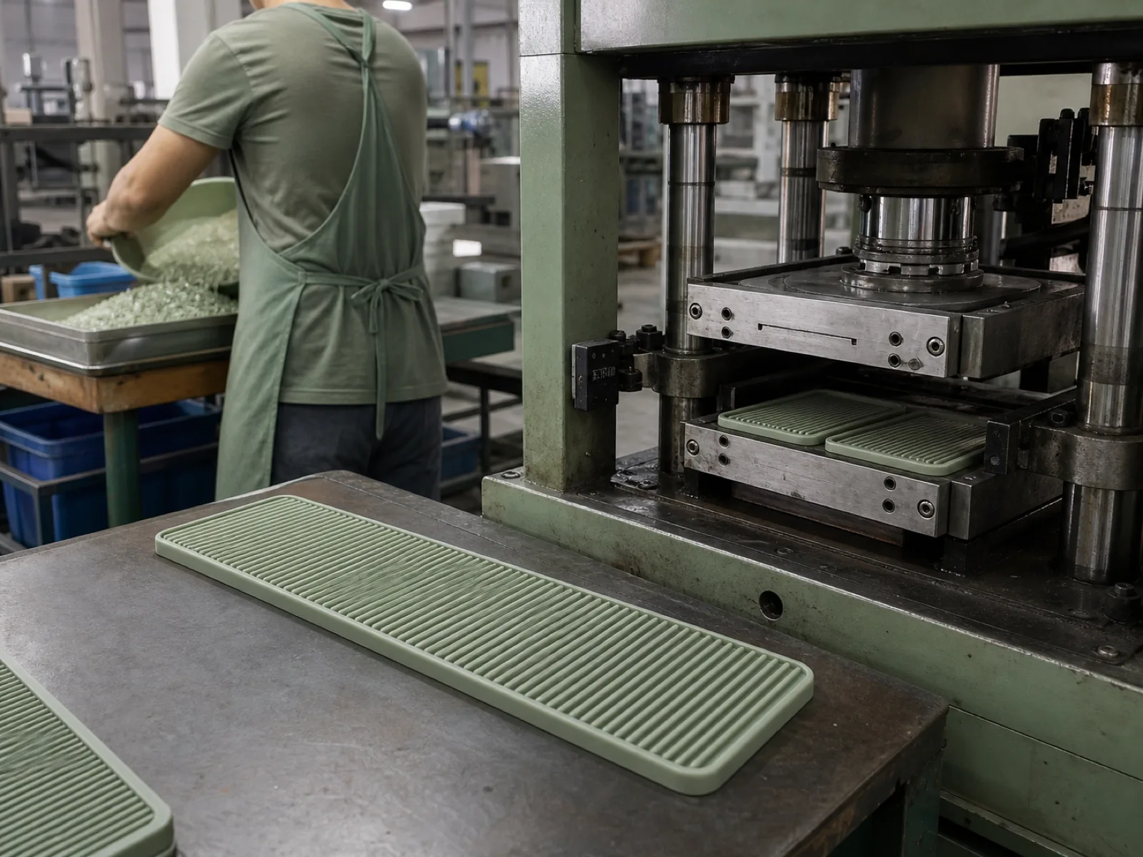Wetop Silicone compression molding press mid-cycle running a 2-cavity mold producing 18 by 3 inch ribbed silicone bar service mats at Shore A 65 with visible drip rib geometry in Dongguan factory