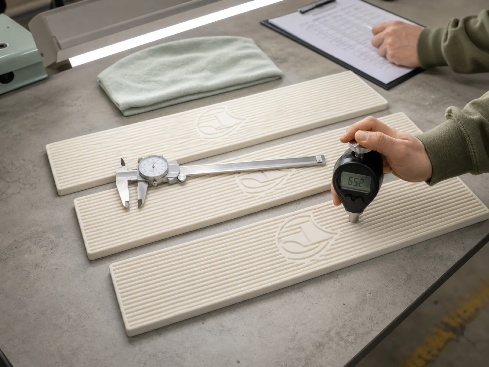 QC bench inspecting debossed brand logo edge sharpness on 18 by 3 inch matte cream silicone bar mats at Wetop Dongguan with digital durometer measuring Shore A 65 under D65 inspection light