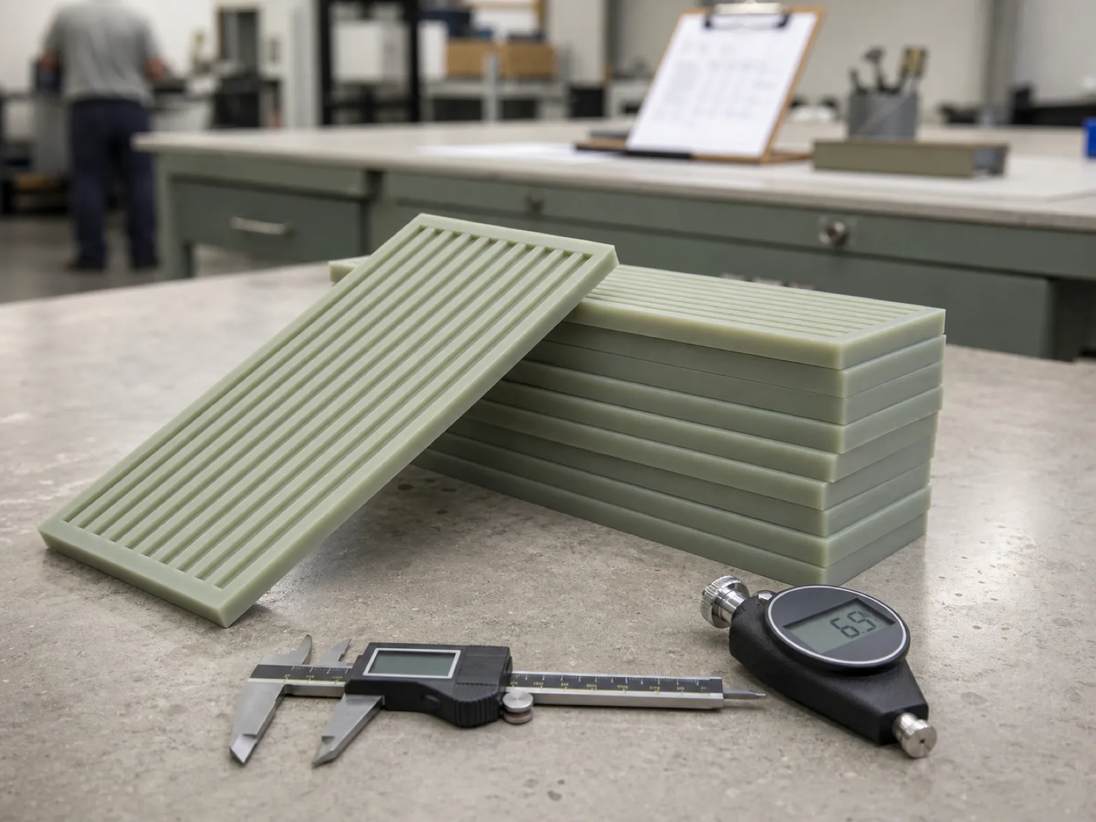 Stack of 18 by 3 inch matte sage custom silicone bar service mats at Shore A 65 on Wetop Dongguan QC bench under D65 inspection light with digital caliper and durometer for bulk-order first-article release
