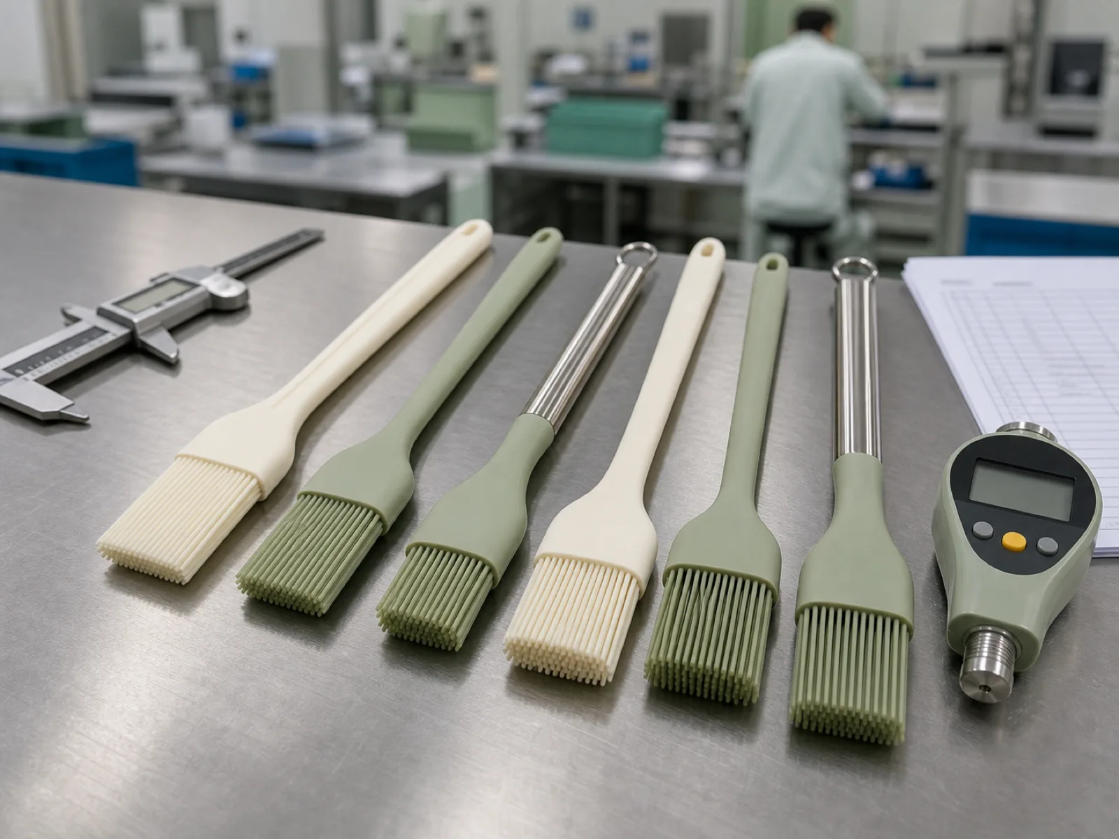 QC bench with cream and sage platinum-cured silicone basting brushes, calipers, and durometer at Wetop Dongguan factory