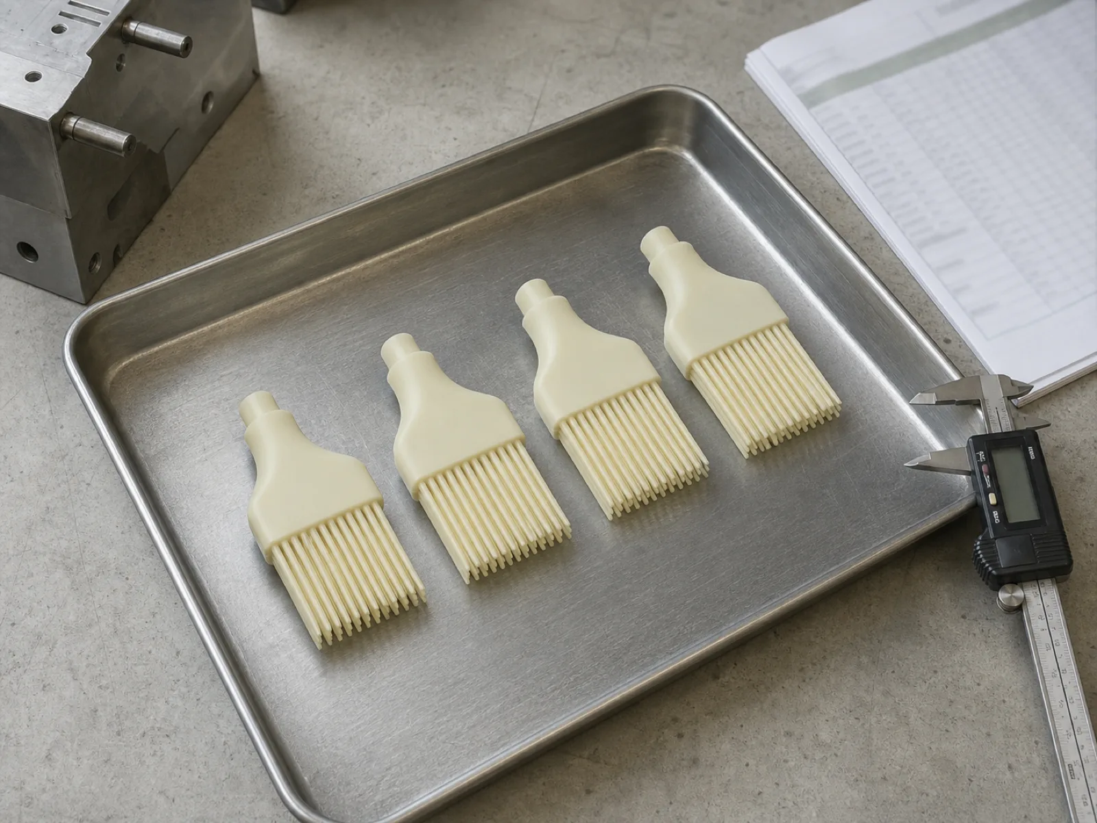 Cream and sage silicone basting brush heads with visible bristle detail on a Wetop QC inspection tray next to a caliper and PPAP paperwork