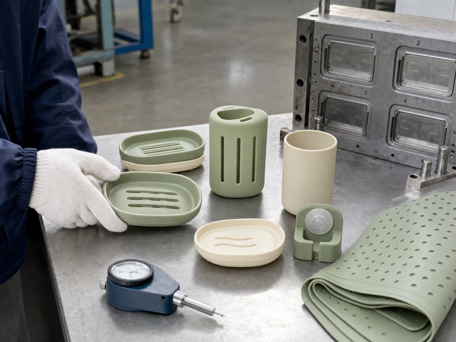 Custom silicone bathroom accessories from an OEM manufacturer staged on a QC bench at a Dongguan factory — sage and cream soap dishes with drainage channels, a slotted toothbrush holder, a suction-back razor holder, and a folded non-slip bath mat, arranged beside a durometer and a cavity-numbered compression mold with a technician's gloved hand steadying a freshly demolded soap tray.