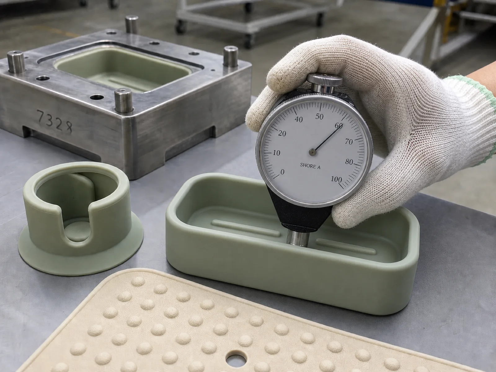Shore A durometer verification of custom silicone bathroom accessories on a QC bench — a durometer pressed into the wall of a sage soap dish reading in the low sixties, a cream non-slip bath mat and a softer suction razor-cup sample staged alongside a cavity-numbered compression mold, a technician's gloved hand steadying the parts against a neutral concrete workshop floor.