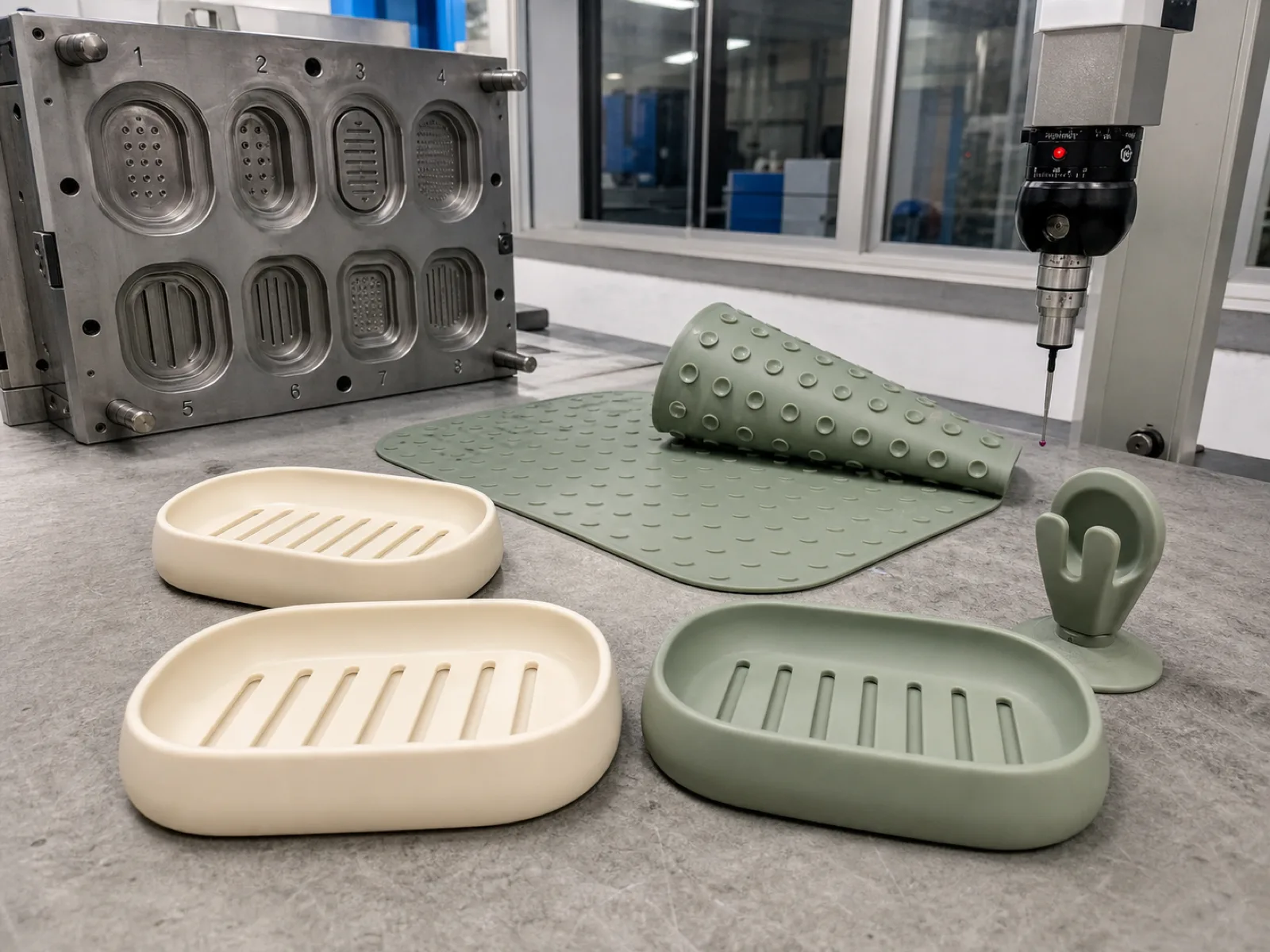 A lineup of custom silicone bathroom accessories on a neutral concrete QC bench — cream and sage soap dishes with visibly sloped slotted drainage floors, a non-slip bath mat with a suction-dimple underside shown face-up and flipped, and a suction razor holder, staged beside a CMM probe and a cavity-numbered compression mold at a Dongguan silicone factory.