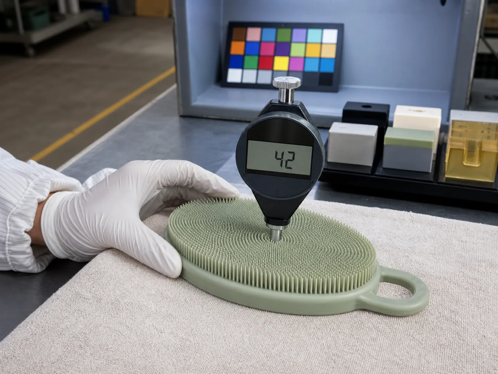 Silicone body scrubber QC inspection at Wetop — a Shore A digital durometer reading 42 on the bristle field of a sage-colored body scrubber, technician's gloved hand steadying the sample, calibration blocks and a D65 light-box color-check station in the background of a Dongguan silicone factory.
