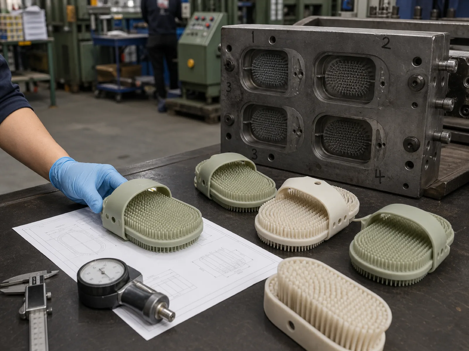 Silicone body scrubber OEM samples on a QC bench at a Dongguan silicone factory — sage and cream soft-bristle body scrubbers with an ergonomic hand strap, staged beside a durometer and a cavity-numbered compression mold, technician's gloved hand steadying a freshly demolded scrubber against a spec drawing.