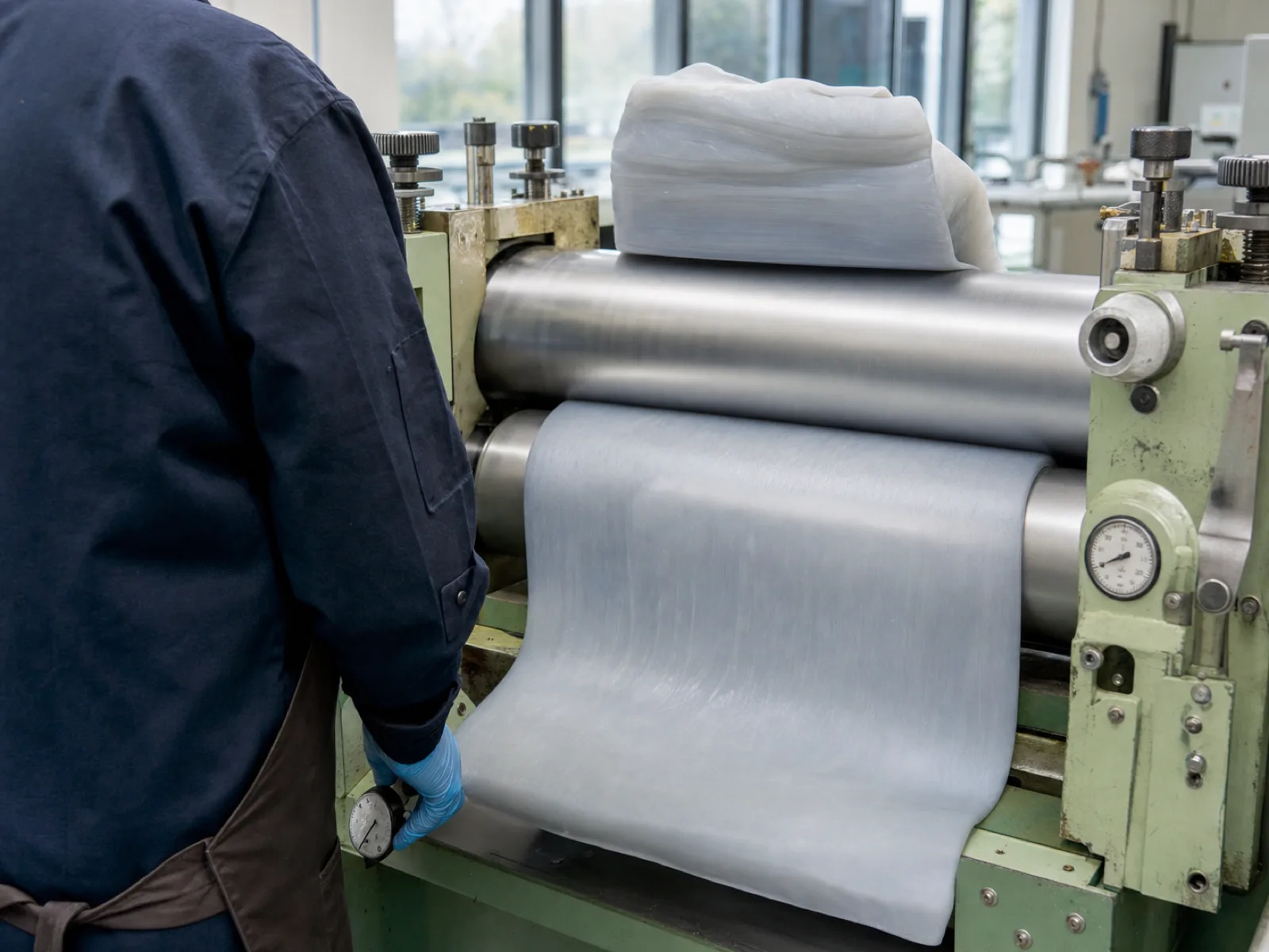 Two-roll mill on the Wetop compounding line dispersing fumed silica reinforcement into platinum-catalyzed silicone gum for candle mold production — technician monitors nip clearance and roll temperature to ensure uniform pigment master-batch distribution across a 25 kg batch destined for a sculptural two-part candle mold program.