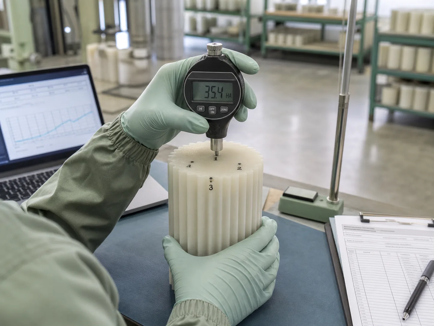 ASTM D2240 durometer testing on Wetop silicone candle mold quality control station — technician measures Shore A hardness at three points on a freshly demolded fluted pillar mold, with control-chart log open on adjacent laptop for lot traceability under D65 workshop lighting.