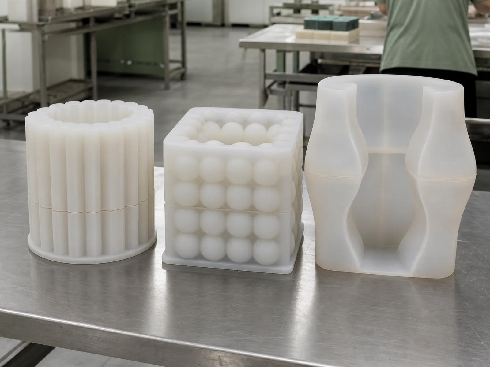 Row of platinum-cured silicone candle molds — a fluted pillar mold, a geometric bubble-cube mold, and a two-part sculptural mold — arranged on a stainless workbench at a Dongguan factory under D65 workshop lighting, showing matte translucent surfaces and clean parting lines for OEM candle brands.