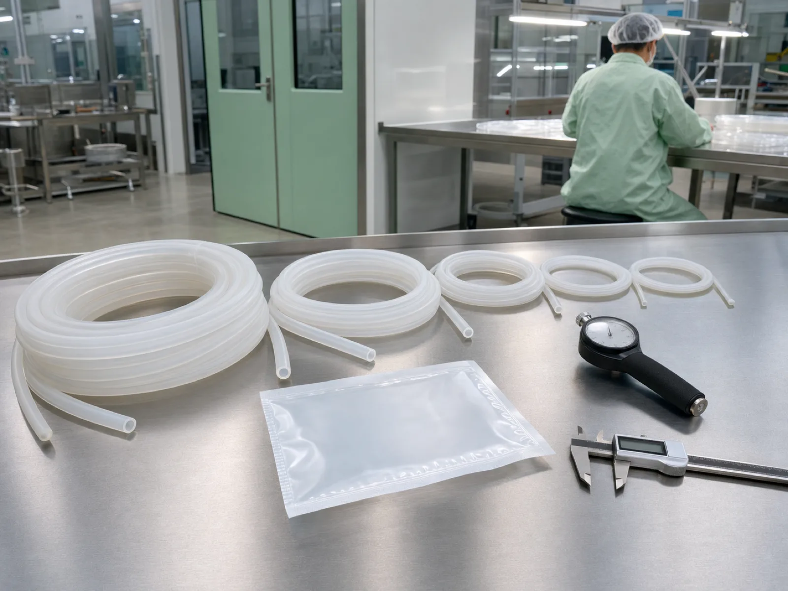 Platinum-cured silicone catheter tubing in graduated French sizes coiled on a stainless QC bench beside a Shore A durometer, digital calipers, and a USP Class VI extractables test packet under D65 inspection light in a Dongguan cleanroom