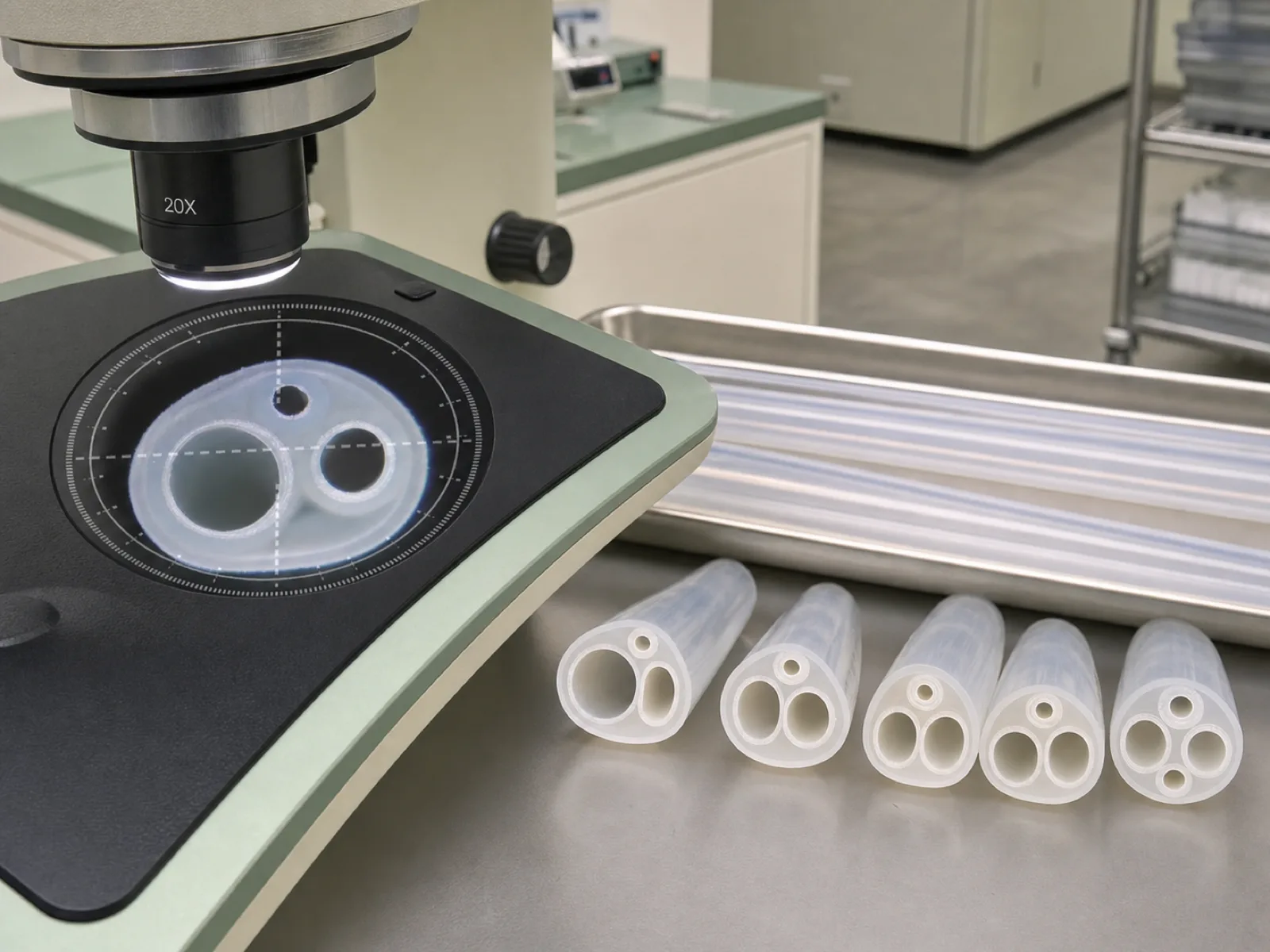 Sectioned double-lumen and triple-lumen silicone catheter samples under a 20x bench microscope on a cleanroom QC station, showing drainage, balloon-inflation, and irrigation channels with wall-concentricity measurement overlay