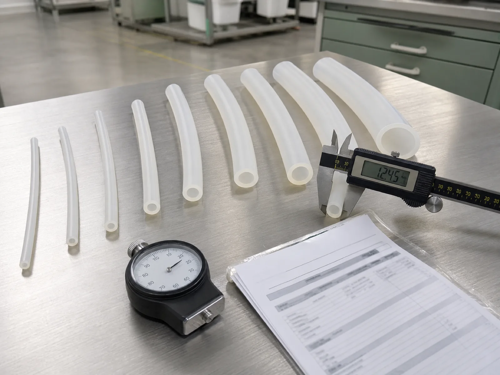 Platinum-cured silicone catheter tubing in graduated French sizes on a stainless QC bench with a Shore A durometer, digital calipers verifying outer diameter to ISO 3302-1 class E1, and a USP Class VI test packet under D65 cleanroom light