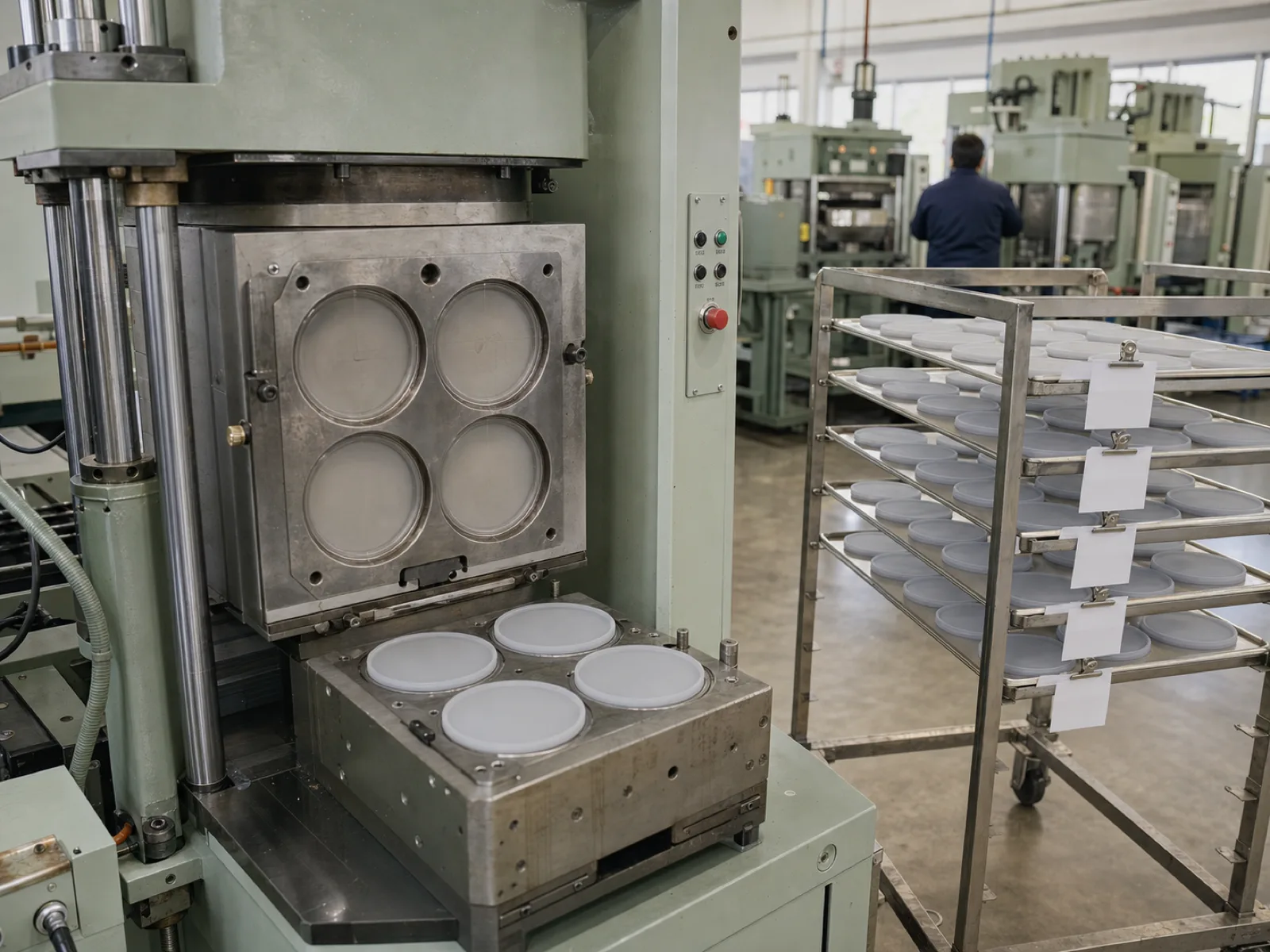 Silicone coaster manufacturer's compression molding floor at Wetop Dongguan — 200-ton hydraulic presses running 4-cavity Shore A 60 platinum-cured coaster molds under D65 workshop lighting with visible master-batch traceability cards on the cure racks