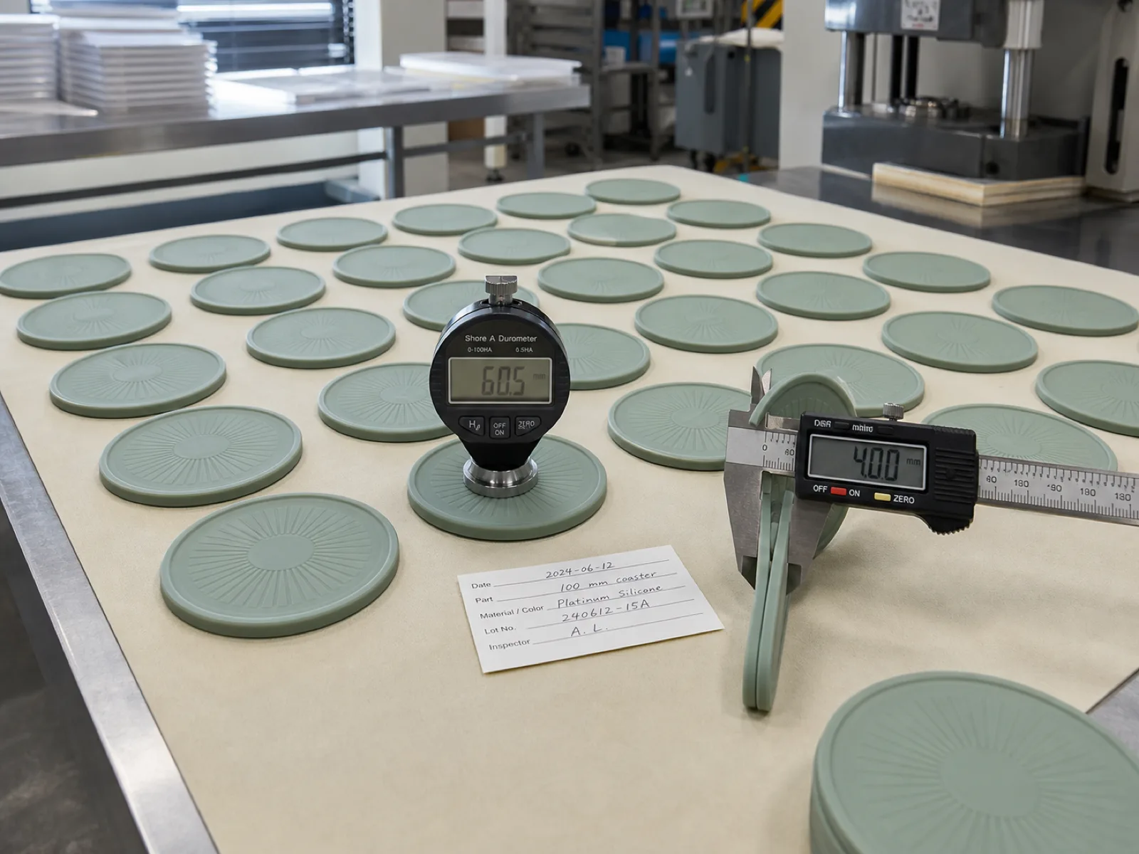 Silicone coaster manufacturer QC bench at Wetop's Dongguan facility — 100 mm round platinum-cured coasters at Shore A 60 under D65 inspection light with digital durometer, calipers, and master-batch traceability card for first-article release